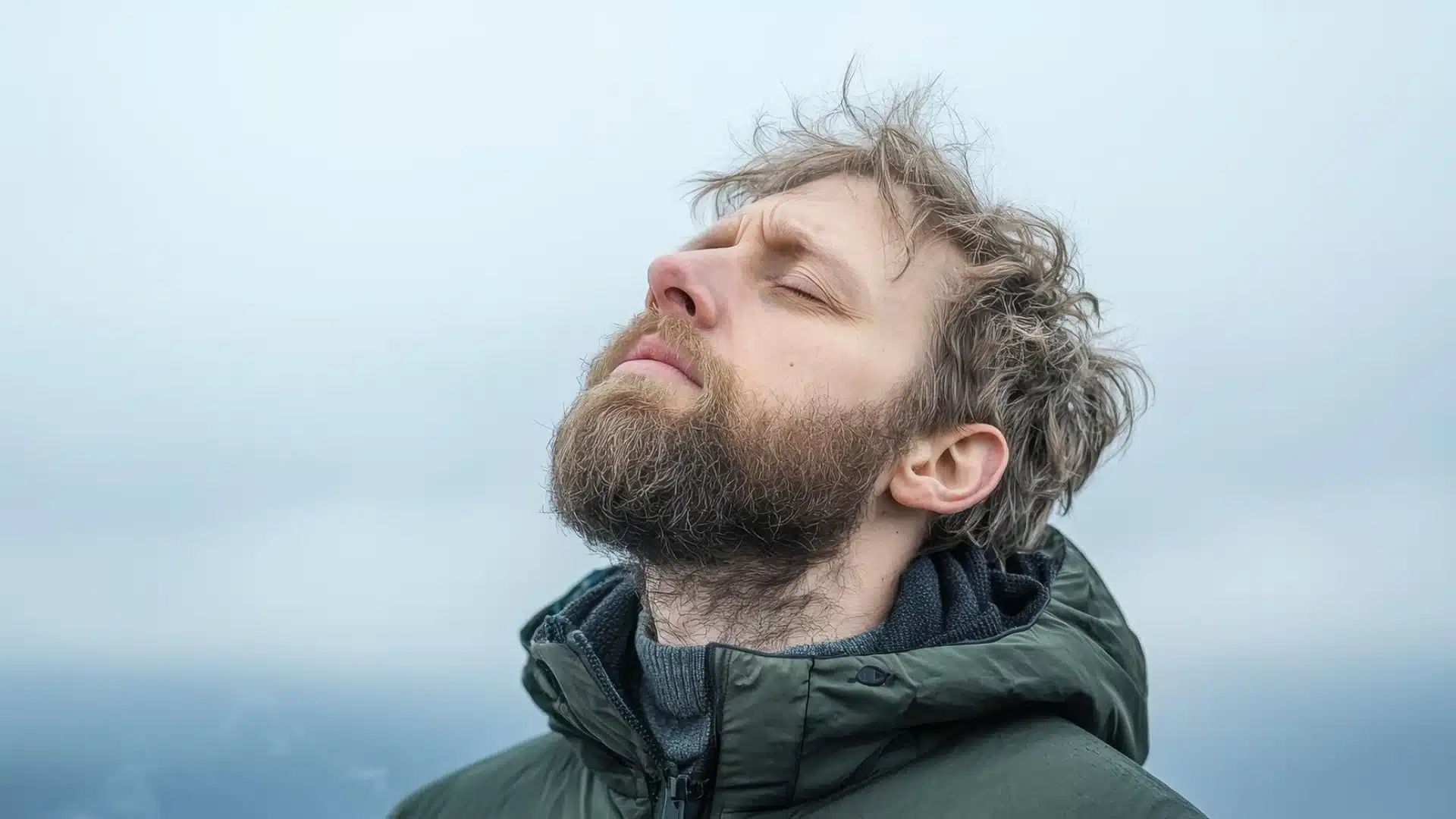 Bearded man outdoors breathing deeply with eyes closed