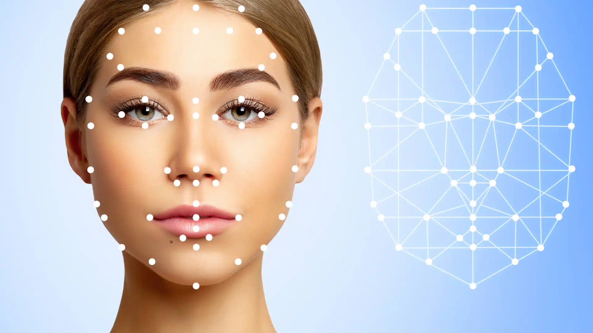 Facial recognition technology with biometric face scanning points and digital grid overlay