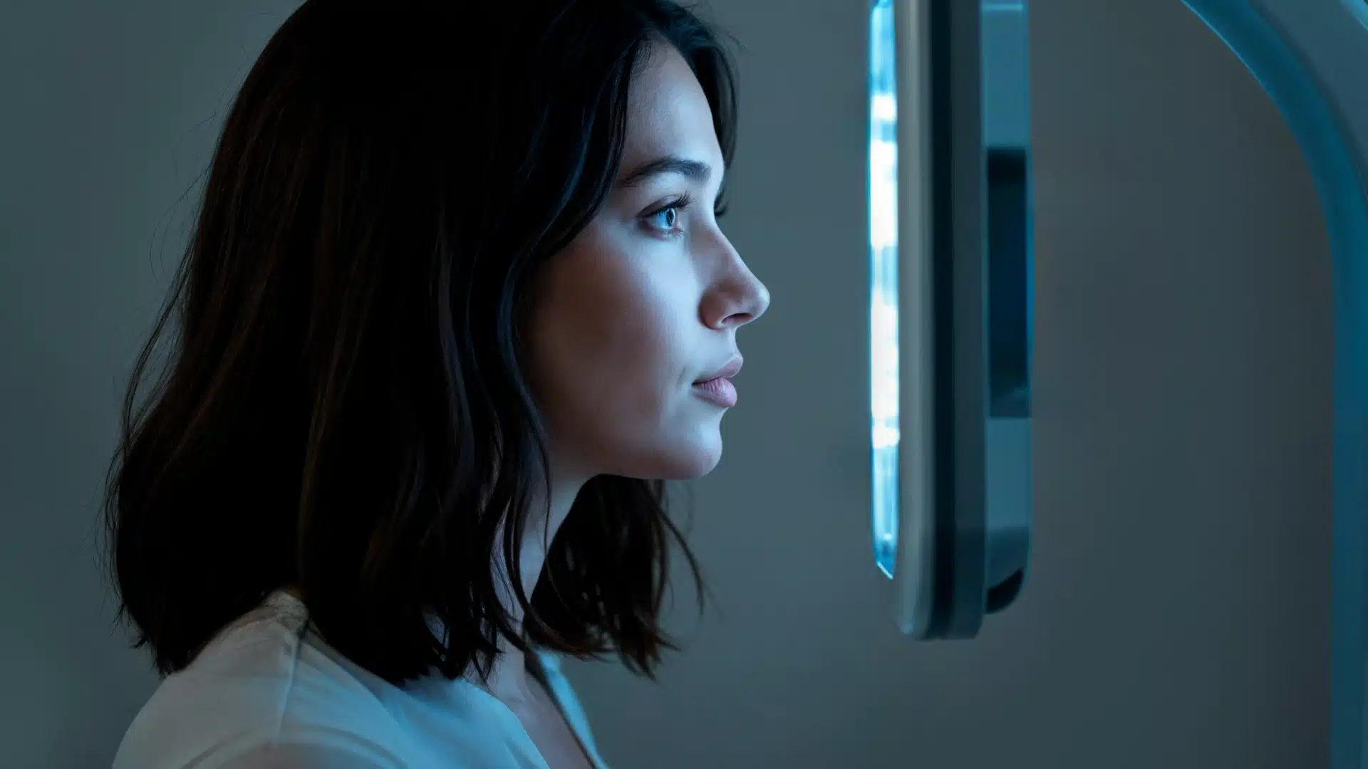 Young woman receiving bright light therapy session, sitting in front of a phototherapy lamp for circadian rhythm regulation, seasonal affective disorder treatment, and sleep improvement