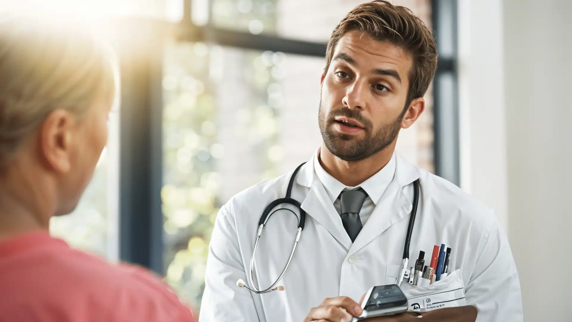 Young male doctor in white coat with stethoscope holding a clipboard while attentively discussing medical information with a patient in a bright clinic office
