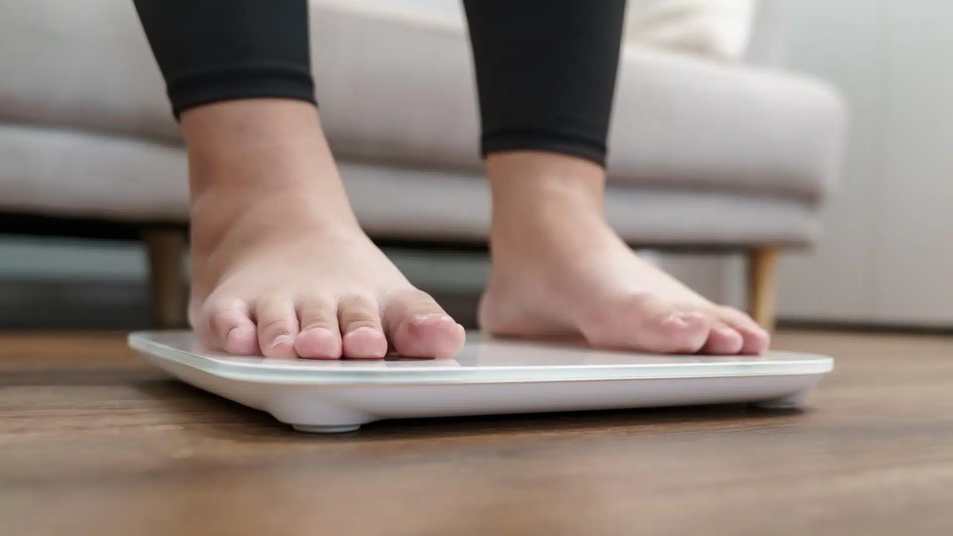 Person standing on digital weight scale at home for fitness and health tracking